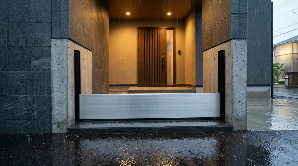 降雨時の住宅玄関アプローチ開口部において、左右の袖壁ガイドレール間に脱着式アルミ止水板を密着設置し、奥の玄関ポーチをドライに保っている浸水対策イメージ