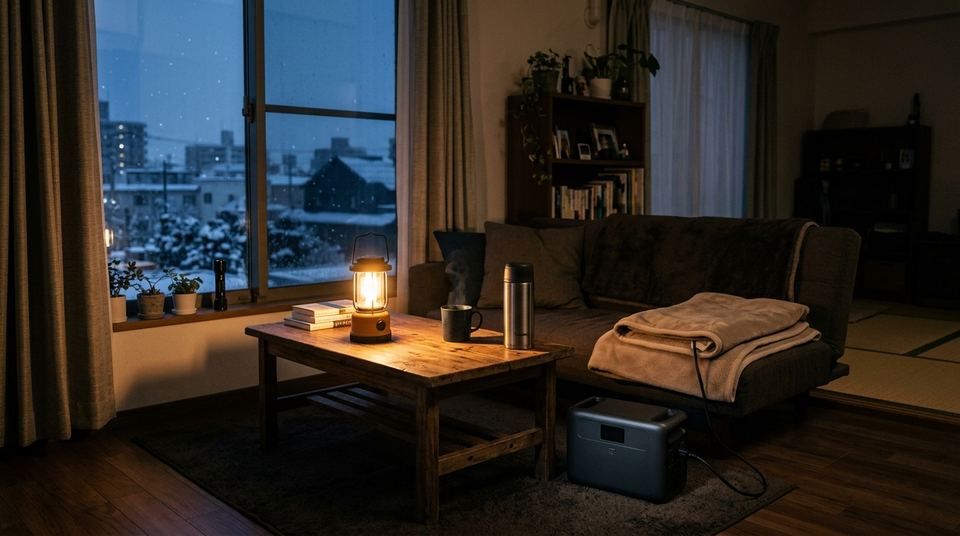 冬の夜間停電を想定した室内で、厚手カーテンで窓の冷気を遮り、電池式LEDランタンの明かりのもと保温ポット・毛布・電気毛布とポータブル電源を可燃物から離して配置した防寒対策イメージ